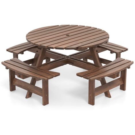 Set tavolo da picnic rotondo per 8 persone, Tavolo da pranzo circolare con 4 panchine Marrone