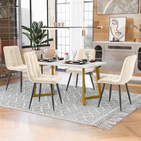 Set tavolo da pranzo 117 x 68 x 75 cm con 4 sedie, sedia da cucina in velluto (beige, gambe del tavolo dorate)