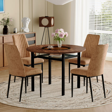 Set tavolo da pranzo 5 pezzi, tavolo rotondo 100x100x76 cm, con piano in vetro-MDF e gambe in nero, 4 sedie comode, marrone