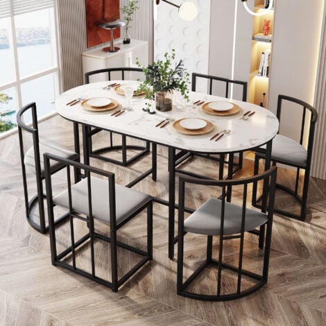Set tavolo da pranzo con sei sedie: (tavolo bianco, sedie con schienale e rivestimento grigio, struttura in ferro nero), set tavolo e sedie, combinazione tavolo da pranzo moderno (sku precedente: 3083