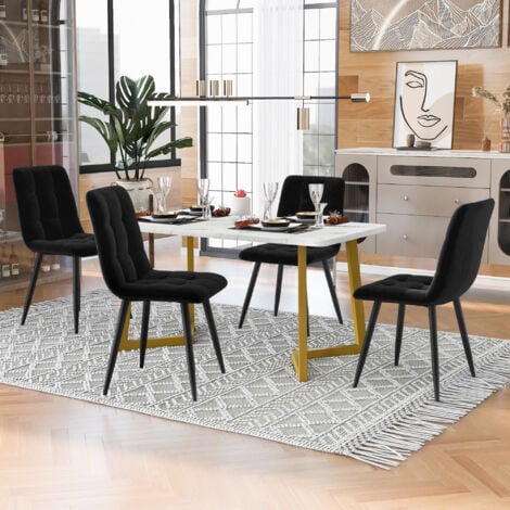 Set tavolo da pranzo da 117 cm con 4 sedie, tavolo da pranzo rettangolare, set tavolo da cucina moderno, sedia da pranzo, sedia da cucina in velluto nero, gambe da tavolo dorate