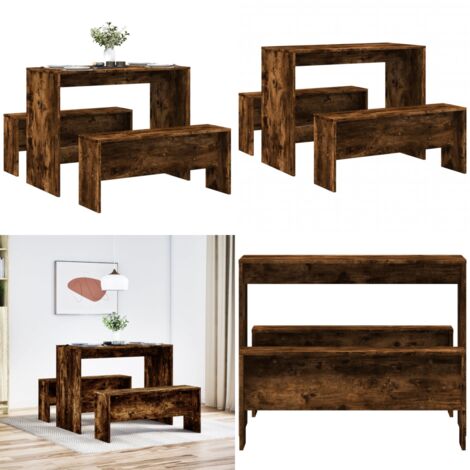Set Tavolo da Pranzo e Panche 3 pz Rovere Fumo in Truciolato - Panca - Set da pranzo
