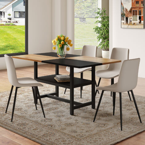 Set tavolo da pranzo rettangolare, 160 cm, con contenitore integrato + 4 sedie in PU, MDF/metallo, adatto per soggiorno/cucina, naturale/grigio chiaro