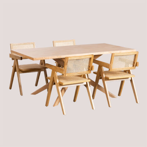 Set tavolo da pranzo rettangolare (180x90 cm) Arnaiz e 4 sedie con braccioli in legno Fresno e rattan stile Lali SKLUM            