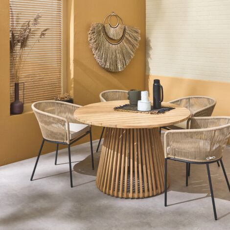 Set tavolo da pranzo rotondo in legno con 4 poltrone in corda
