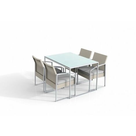 Set tavolo da pranzo tavolo con 4 sedie, polirattan bianco lavato, cuscini grigio Fredi Baboi