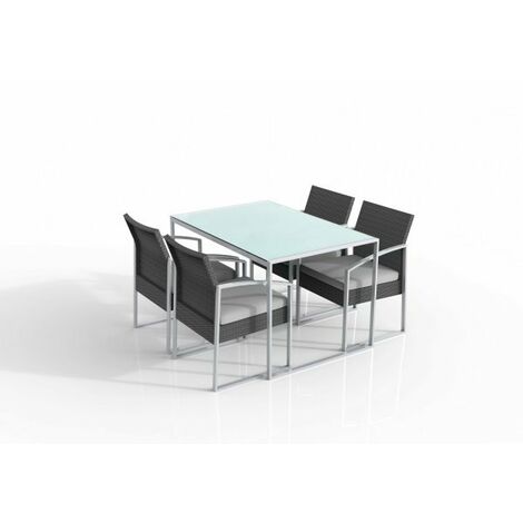 Set tavolo da pranzo tavolo con 4 sedie, polirattan nero lavato, cuscini grigio Fredi Baboi