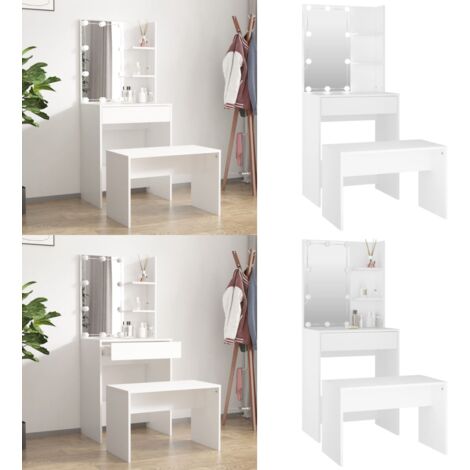Set Tavolo da Toeletta Bianco con LED in Legno Multistrato - Specchio da toeletta - Tavolo da trucco con sgabello