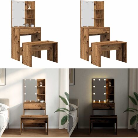 Set Tavolo da Toeletta con LED Legno Antico Legno Multistrato - Specchio da toeletta - Toeletta con luce LED