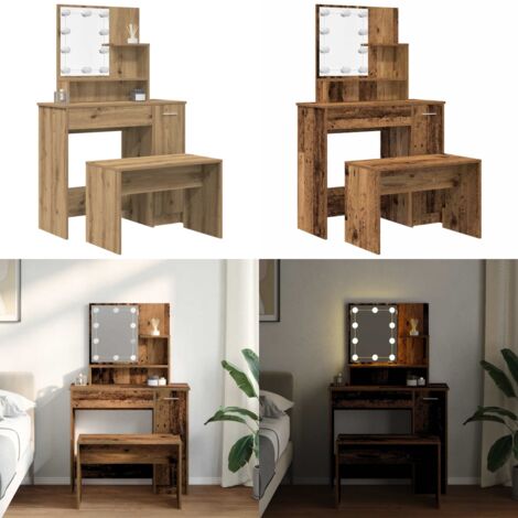 Set Tavolo da Toeletta con LED Legno Antico Legno Multistrato - Specchio da toeletta - Toeletta con luce LED