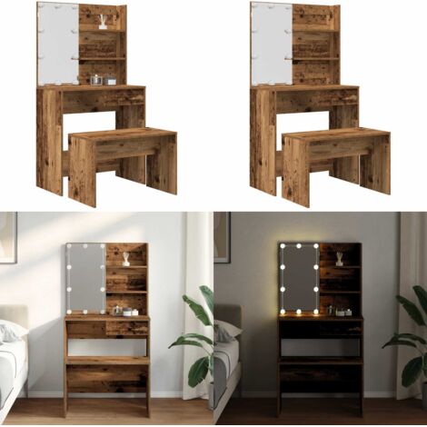 Set Tavolo da Toeletta con LED Legno Antico Legno Multistrato - Specchio da toeletta - Toeletta con luci LED