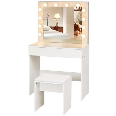 SET TAVOLO DA TRUCCO CON SPECCHIO 12 LUCI LED CASSETTO E SGABELLO IN LEGNO BIANCO