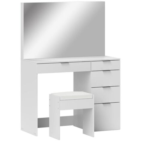 SET TAVOLO DA TRUCCO CON SPECCHIO E 5 CASSETTI 97.2X44.5X136.5 CM E SGABELLO IMBOTTITO 40X24X46 CM. BIANCO