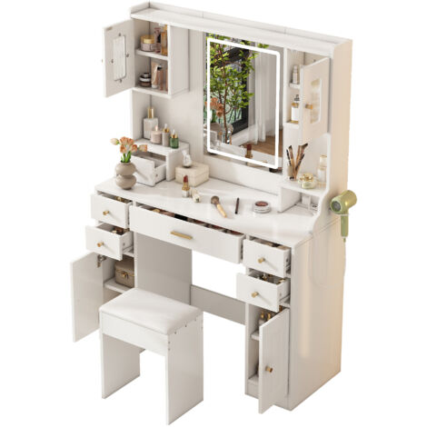 Set Tavolo da trucco con Specchio e Sgabello 105x152x40 cm, illuminazione LED, supporto per phon e 6 cassetti, Bianco,MDF
