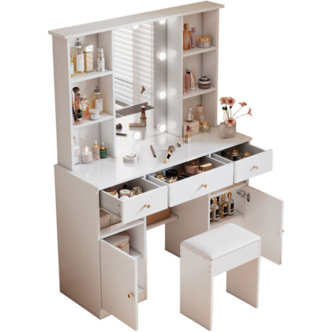 Set Tavolo da trucco con Specchio e Sgabello 151x110x40 cm, illuminazione LED, 3 cassetti e 2 Ante, Bianco, MDF, per Camera