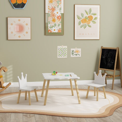 Set Tavolo e 2 Sedie per Bambini 3-6 Anni, Tavolo per Bambini Ondulato e Sedie con Schienale a Corona, Bianco