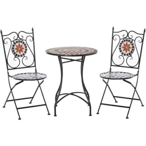 Set Tavolo e 2 Sedie Pieghevoli da Giardino  con Mosaico in Metallo Nero