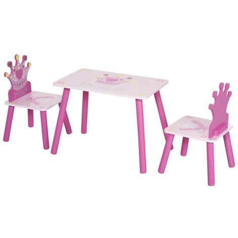SET TAVOLO E 2 SEDIE TEMA PRINCIPESSE PER CAMERETTA BAMBINI IN LEGNO ROSA