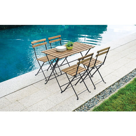 Set Tavolo e 4 Sedie da Giardino Pieghevoli Bistrò in Ferro e Legno di Acacia