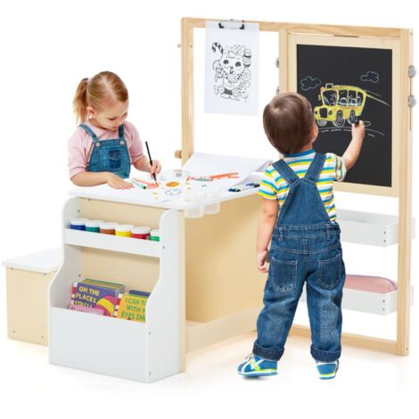 Set tavolo e panca per bambini con cavalletto regolabile a doppia faccia, Centro artistico in legno 114x81x100cm Bianco