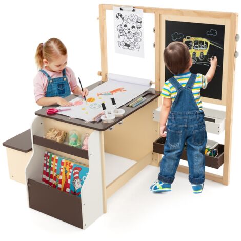 Set tavolo e panca per bambini con cavalletto regolabile a doppia faccia, Centro artistico in legno 114x81x100cm Caffè
