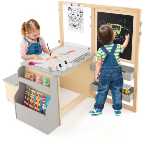 Set tavolo e panca per bambini con cavalletto regolabile a doppia faccia, Centro artistico in legno 114x81x100cm Grigio
