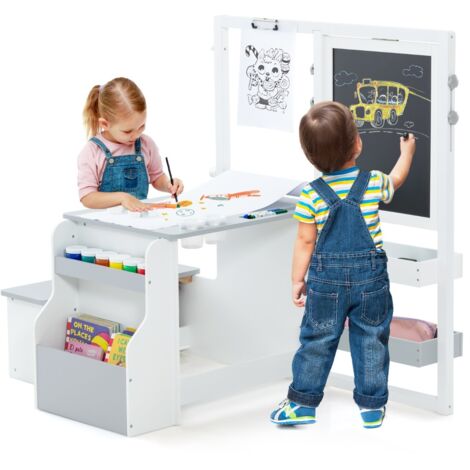 Set tavolo e panca per bambini con cavalletto regolabile a doppia faccia, Centro artistico in legno 114x81x100cm Grigio chiaro