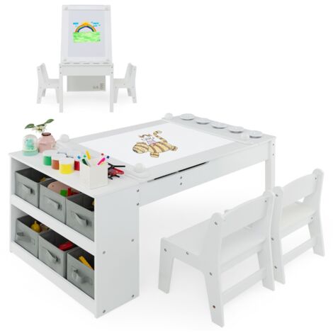 Set tavolo e sedia da disegno per bambini, Tavolo artistico con piano sollevabile 6 contenitori rullo di carta Bianco