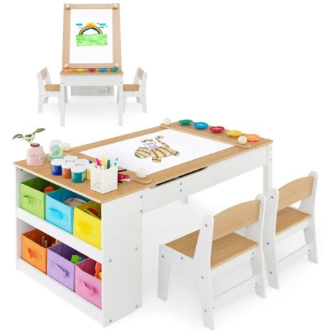 Set tavolo e sedia da disegno per bambini, Tavolo artistico con piano sollevabile 6 contenitori rullo di carta Naturale