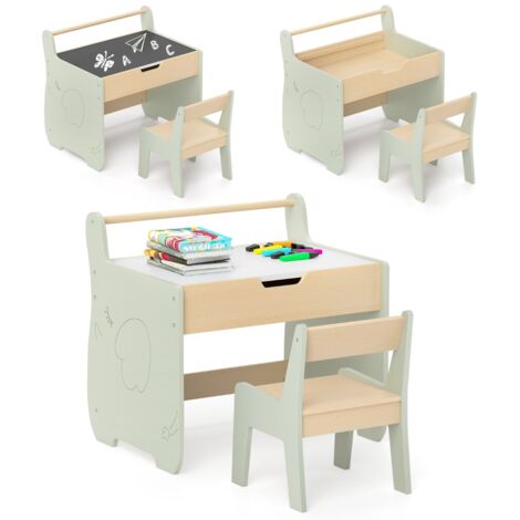 Set tavolo e sedia per bambini con piano rimovibile 2-in-1, Set scrivania in legno con spazio di archiviazione Verde