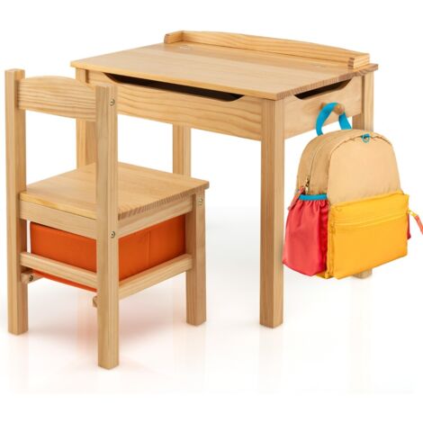 Set tavolo e sedia per bambini in legno massello, Scrivania ribaltabile con sedia per stanza giochi asilo Naturale