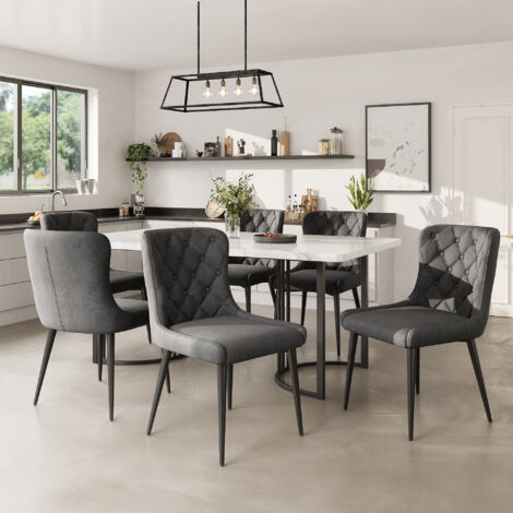Set tavolo e sedie (1 tavolo da pranzo 140x80x75cm + 6 sedie da pranzo) schienale con bottoni, piano in MDF bianco, gambe in metallo, nero