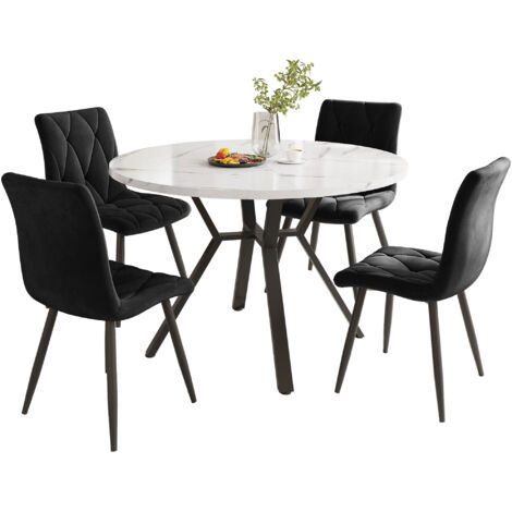 Set Tavolo e Sedie 100x100x75 cm, 5 pezzi, Tavolo Rotondo, 4 Sedie Velluto Sagomate, Nero e Bianco, per Cucina