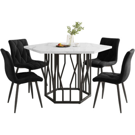 Set Tavolo e Sedie 115,5x100x75 cm, 5 pezzi, Tavolo da Pranzo, 4 Sedie Velluto Sagomate, Nero e Bianco, per Cucina