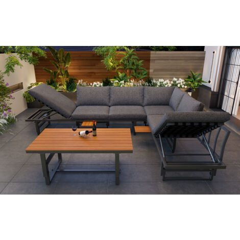 Set tavolo e sedie (2 divani 186x64x76 cm + 1 tavolo rettangolare 110x60x62 cm) con cuscini, 6 posti, regolabili, metallo, grigio