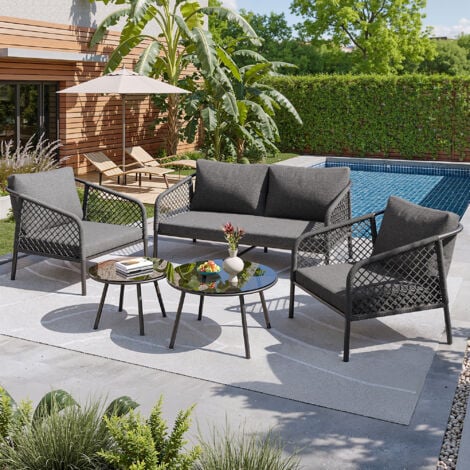Set tavolo e sedie da giardino (1 divano + 2 poltrone) 4 posti, tutti i cuscini inclusi, adatto per giardino/balcone, metallo, grigio, 2 tavolini rotondi