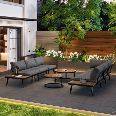 Set tavolo e sedie da giardino (2 divani + 2 poltrone + 2 divani rotondi bassi incastro) 6 posti, adatto per giardino/balcone, metallo, grigio