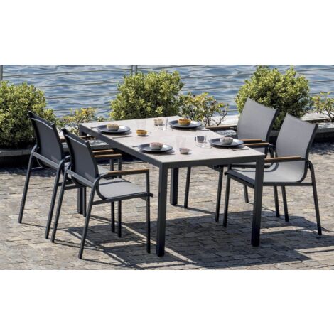 Set Tavolo e Sedie da Giardino 4 Posti, Tavolo con Piano in Vetro Ceramica, Sedie Impilabili con Braccioli, Colore Antracite