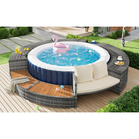 Set tavolo e sedie da giardino con divano rotondo multiuso contenitore schienale cuscino grigio per terrazze vasche da bagno