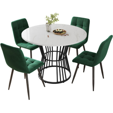 Set tavolo e sedie da pranzo 100x100x75 cm, 5 pezzi, 4 sedie in velluto, Struttura Metallica, Piedini Regolabili, MDF, Verde