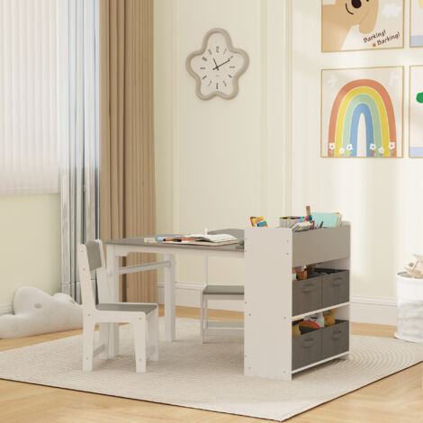 Set Tavolo e Sedie per Bambini 3-8 Anni con 2 Sedie e Tavolino con Spazio Contenitore, Mobili per Bambini in MDF, Legno di Pino e Tessuto non Tessuto, Grigio e Bianco