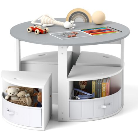Set tavolo e sedie per bambini a 5 pezzi, Tavolo rotondo con 4 sgabelli e ripiano e 4 cassetti in tessuto Grigio e Bianco