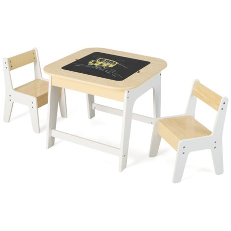 Set tavolo e sedie per bambini con piano lavagna reversibile vano nascosto, Tavolo e 2 sedie ergonomiche Naturale