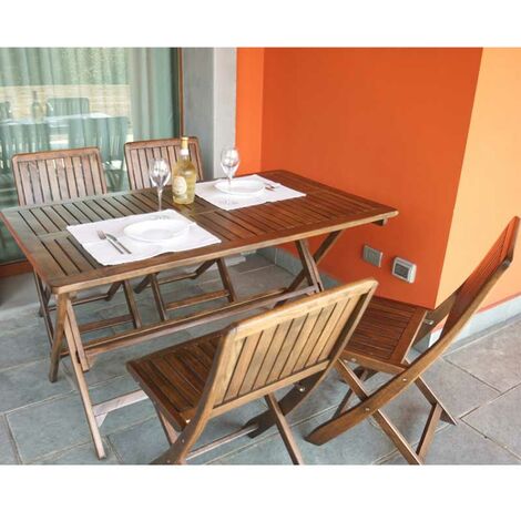 Set pranzo tavolo allungabile 120/160x80 cm e 4 sedie pieghevoli con  braccioli in legno di