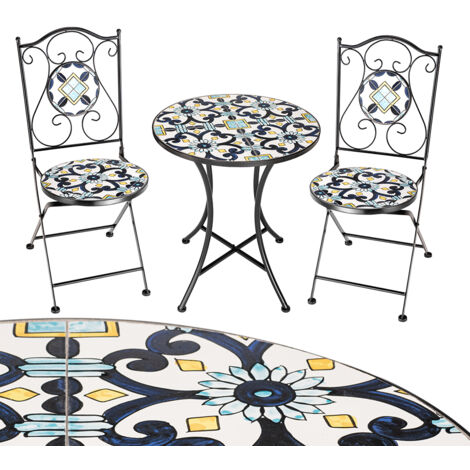 Set Tavolo e Sedie Pieghevoli Tavolino Design Mosaico Blu Arredo Esterno Giardino