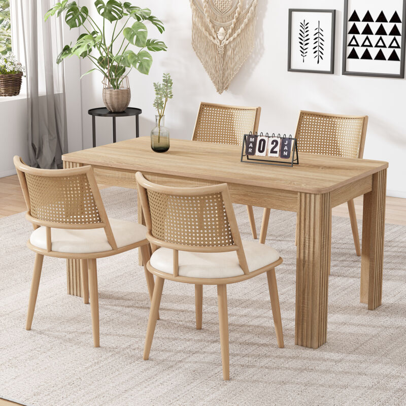 Image of Set tavolo e sedie, tavolino moderno rettangolare, robusto tavolo a quattro gambe, sedile in pu, schienale in rattan, (un tavolo + 4 sedie) beige