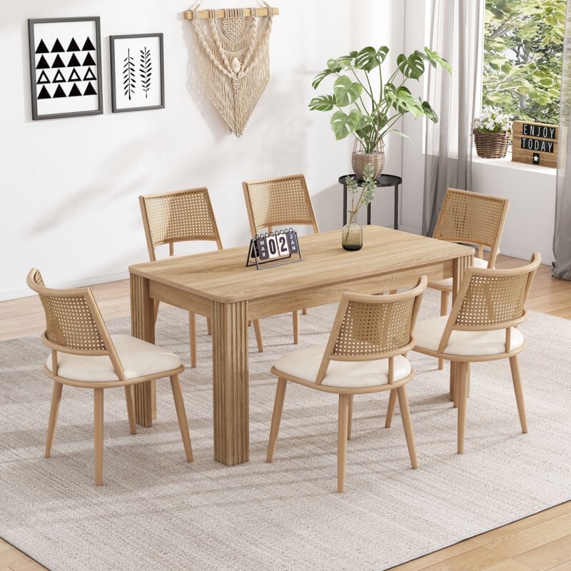 Image of Set tavolo e sedie, tavolino moderno rettangolare, robusto tavolo a quattro gambe, sedile in PU, schienale in rattan, (un tavolo + 6 sedie) beige