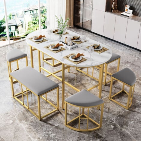 Set tavolo e sedie YOLEO, tavolo da pranzo con 6 sedie - Tavolo e sedie in MDF per 6 persone - Oro