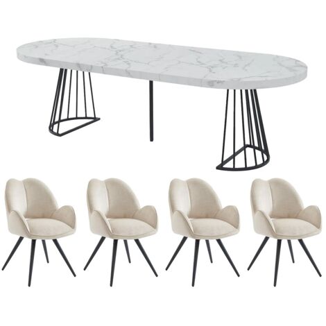 Set tavolo FIRELA + 4 sedie GULSUN Effetto marmo Bianco e Beige