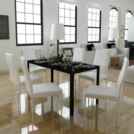 Set Tavolo Nero e Sedie da Pranzo Set 6 Sedie Bianche Set 7 Pezzi